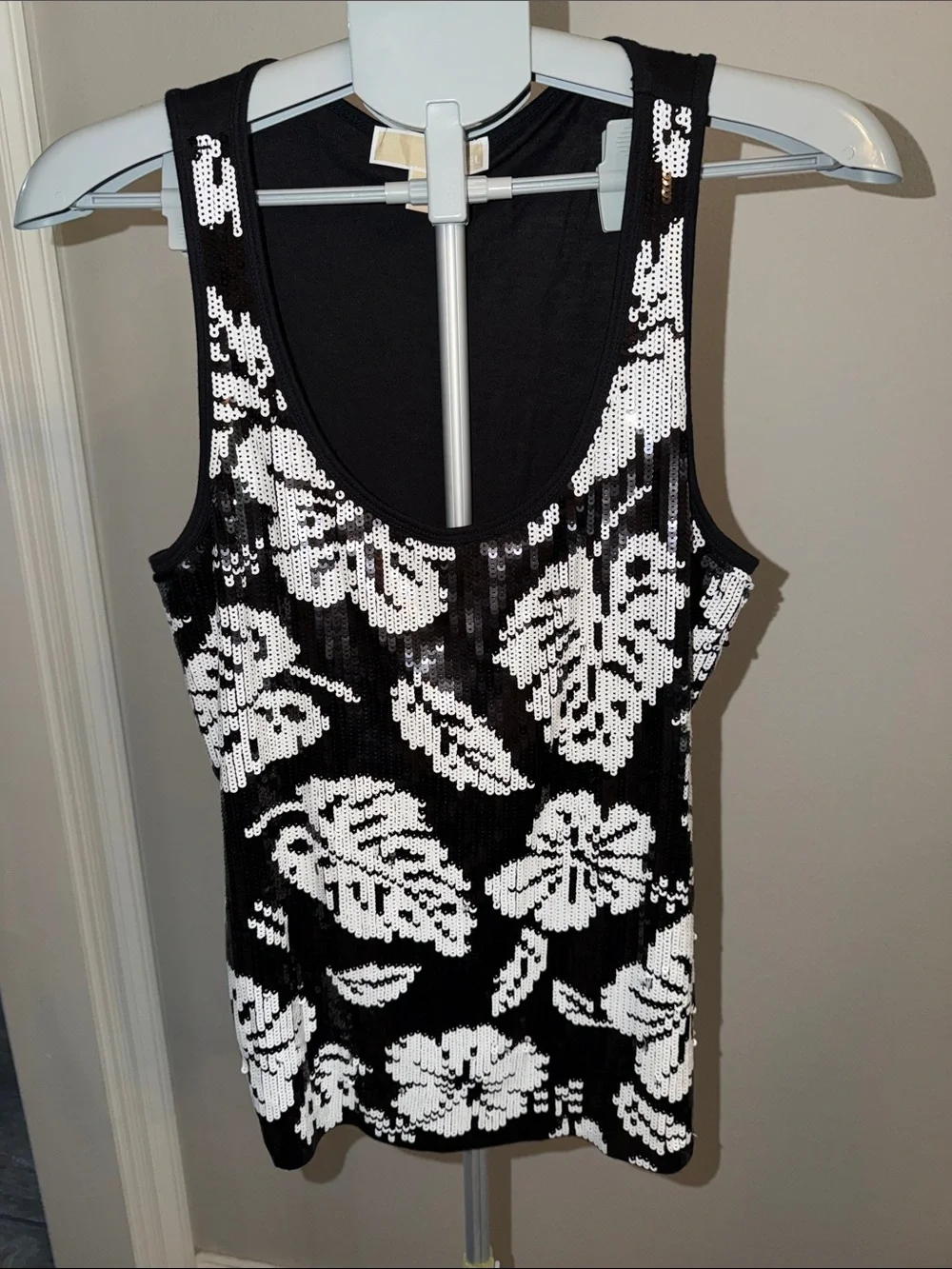 Michael Kors Black and White Sequin Floral Tank
